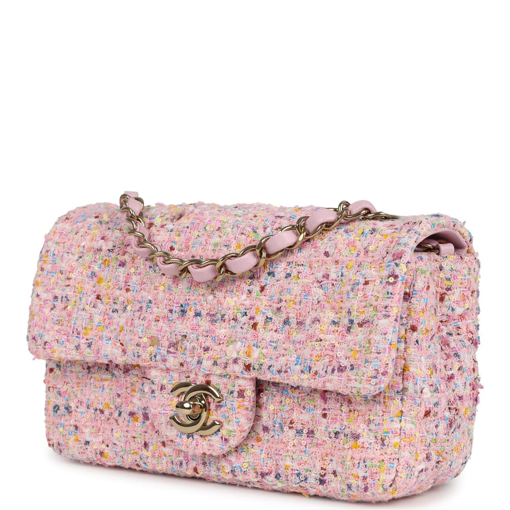 Chanel Mini Classic Rectangular Flap Bag Pink Tweed and Sequin Light Gold Hardware