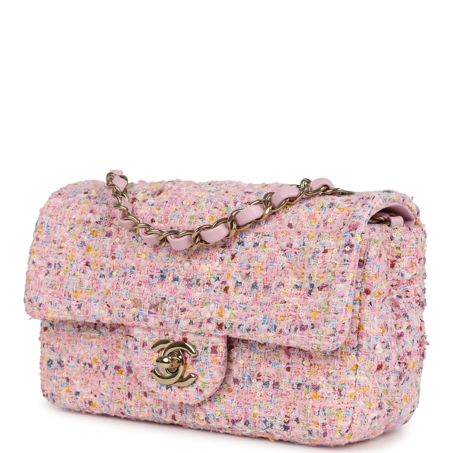 Chanel Mini Classic Rectangular Flap Bag Pink Tweed and Sequin Light Gold Hardware