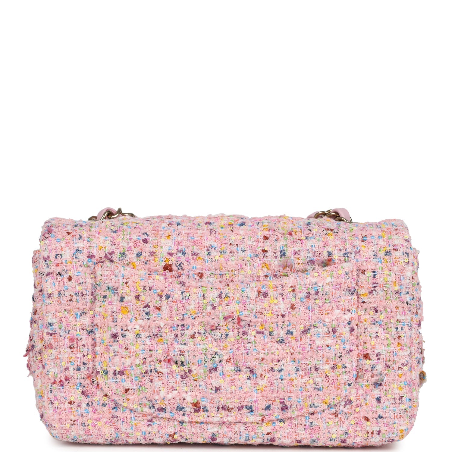 Chanel Mini Classic Rectangular Flap Bag Pink Tweed and Sequin Light Gold Hardware