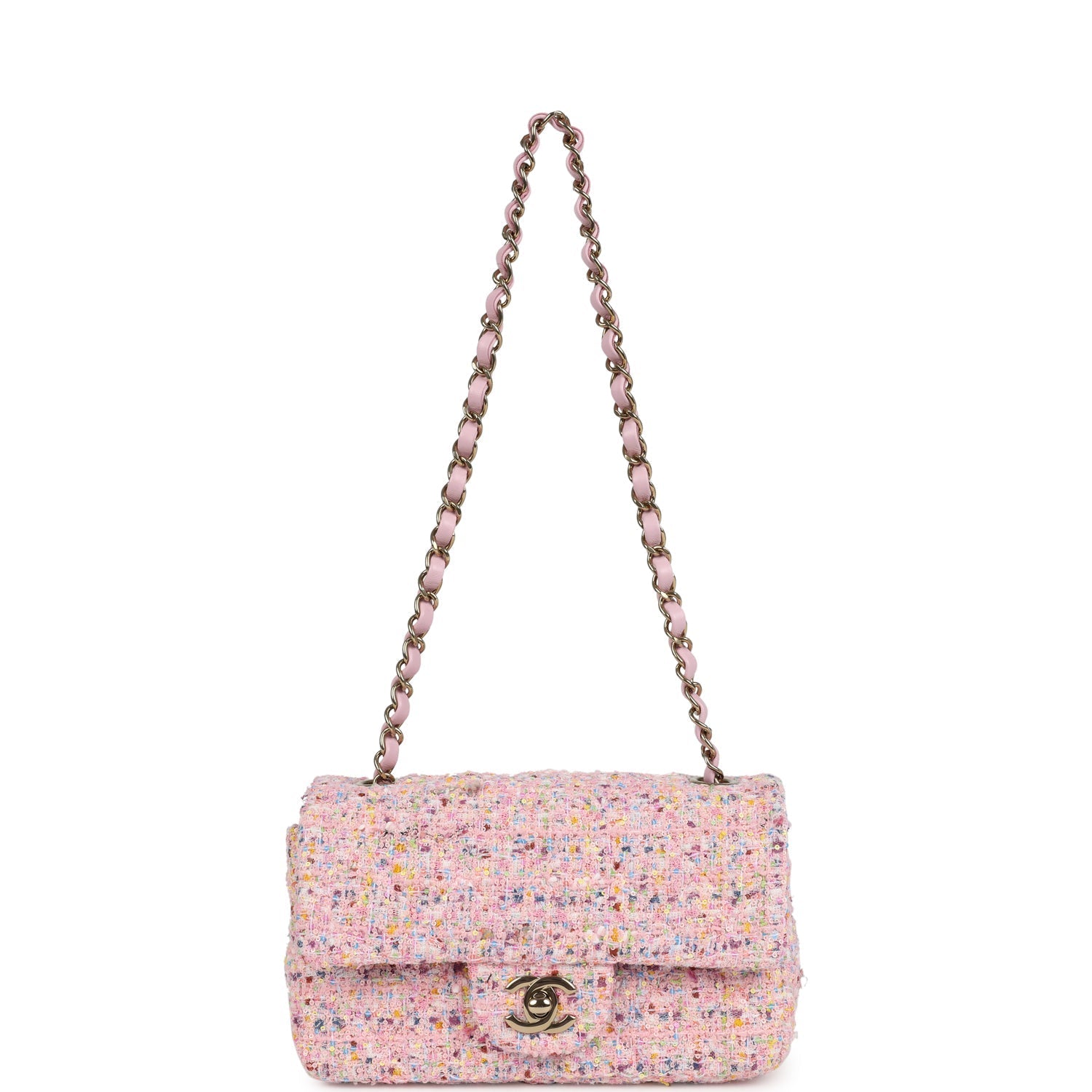 Chanel Mini Classic Rectangular Flap Bag Pink Tweed and Sequin Light Gold Hardware