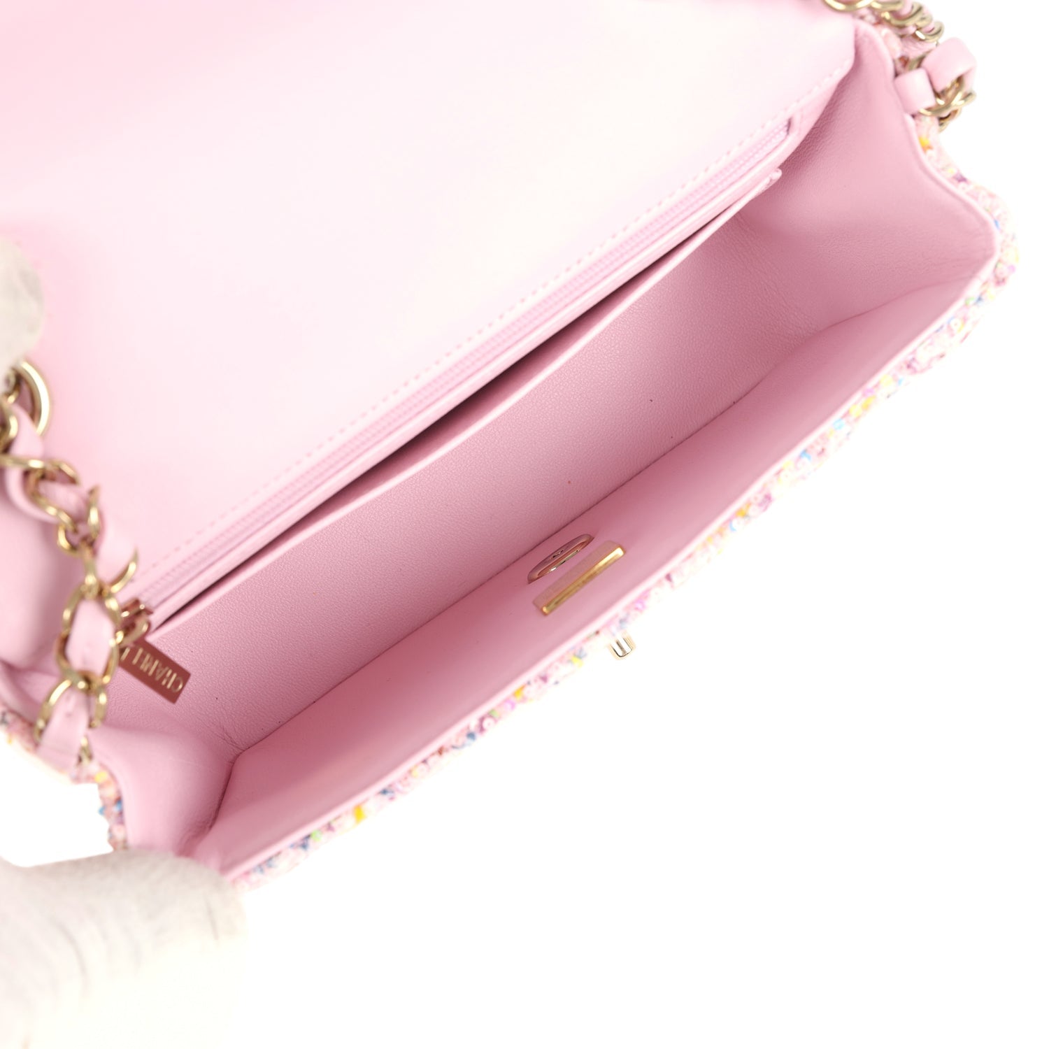 Chanel Mini Classic Rectangular Flap Bag Pink Tweed and Sequin Light Gold Hardware