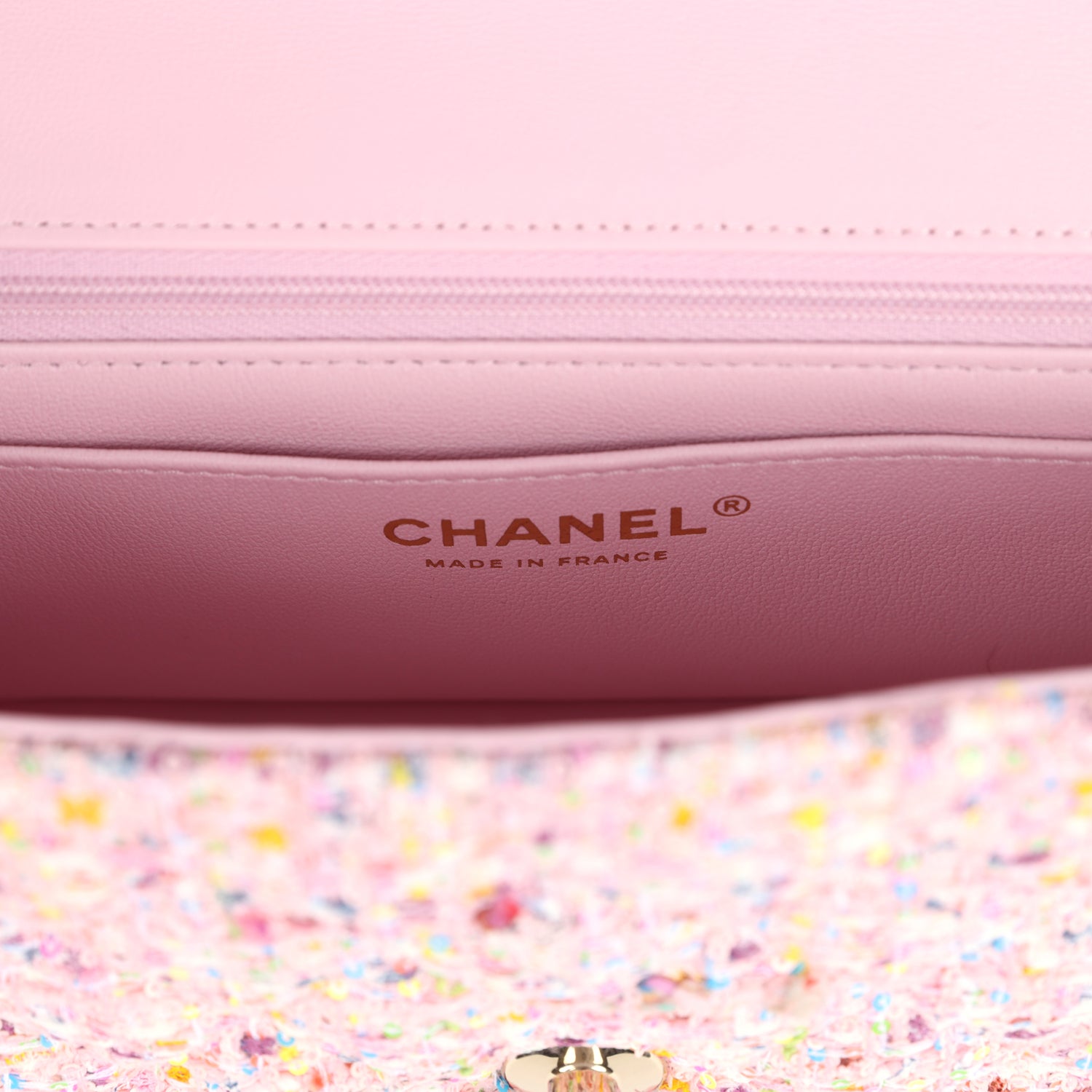 Chanel Mini Classic Rectangular Flap Bag Pink Tweed and Sequin Light Gold Hardware