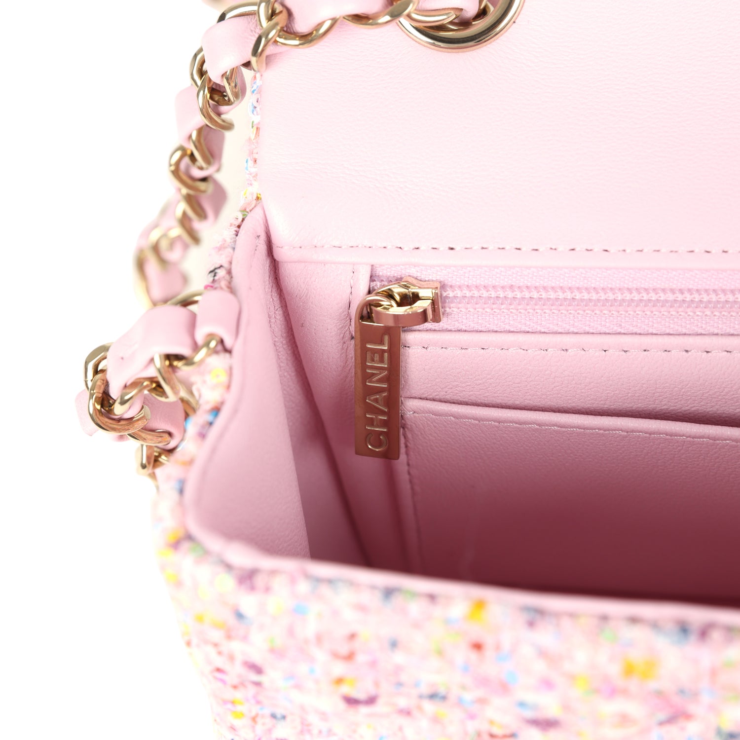 Chanel Mini Classic Rectangular Flap Bag Pink Tweed and Sequin Light Gold Hardware