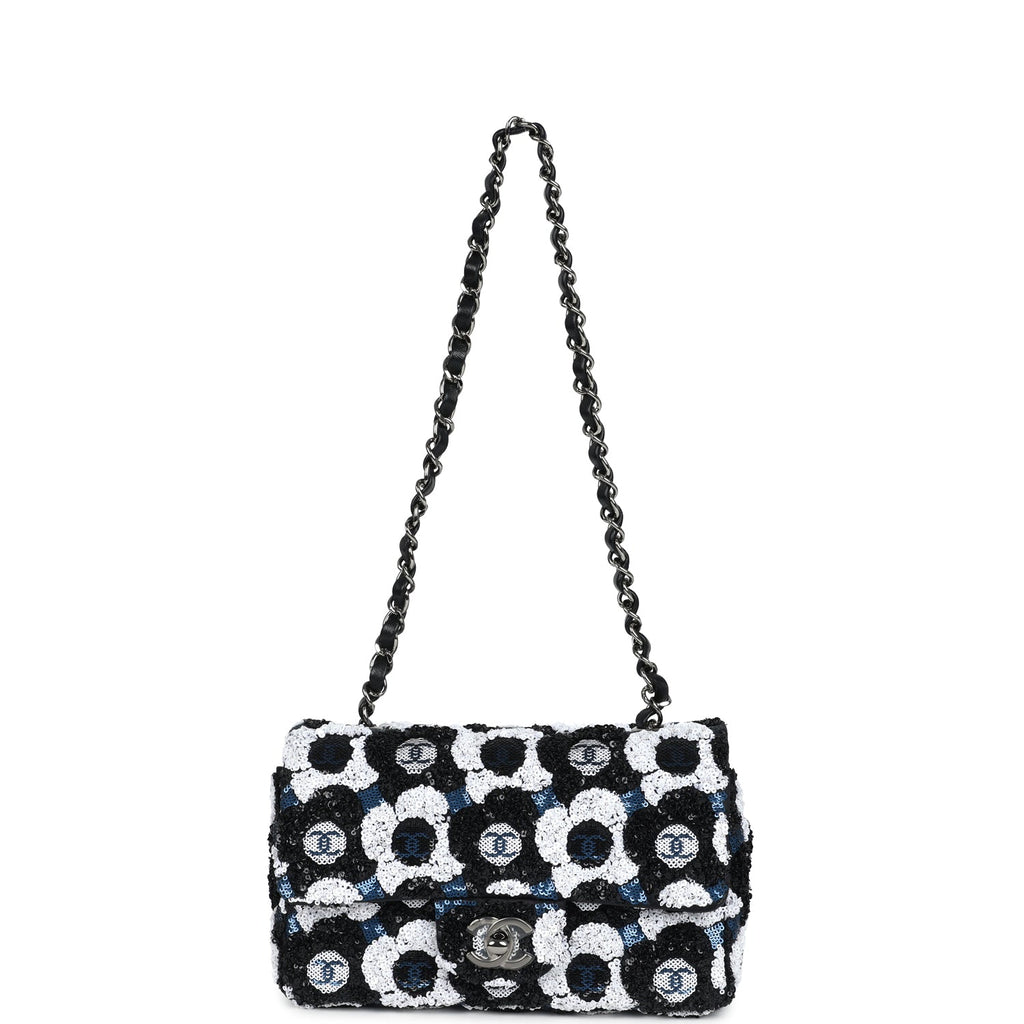 Chanel Mini Rectangular Flower Flap Bag Black, Navy and White Sequin Ruthenium Hardware