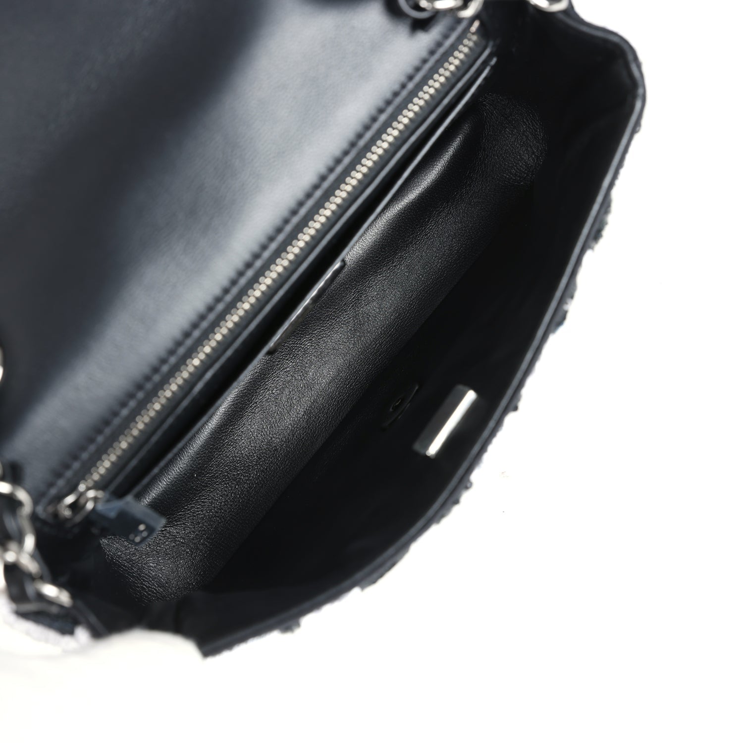 Chanel Mini Rectangular Flower Flap Bag Black, Navy and White Sequin Ruthenium Hardware