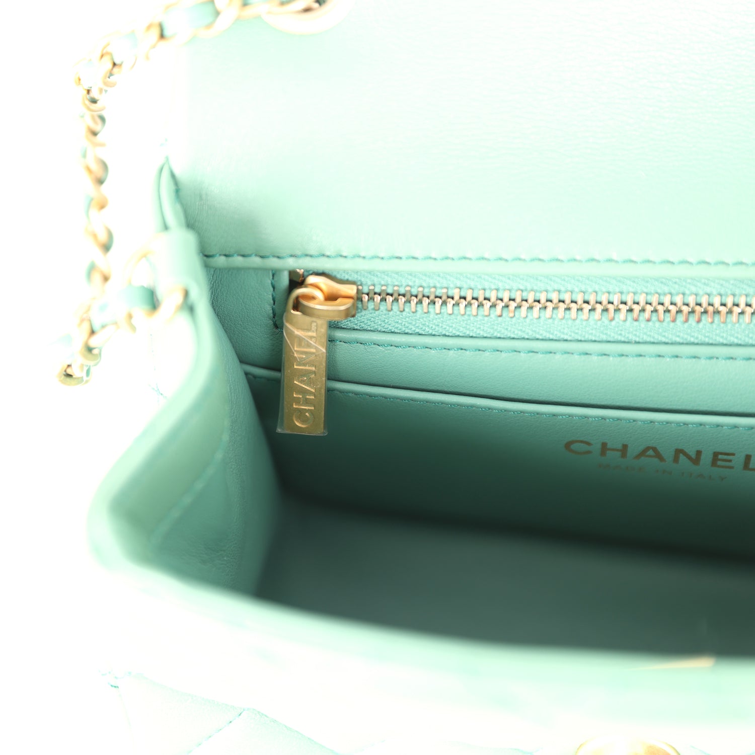 Chanel Mini Square Pearl Crush Flap Bag Green Lambskin Antique Gold Hardware
