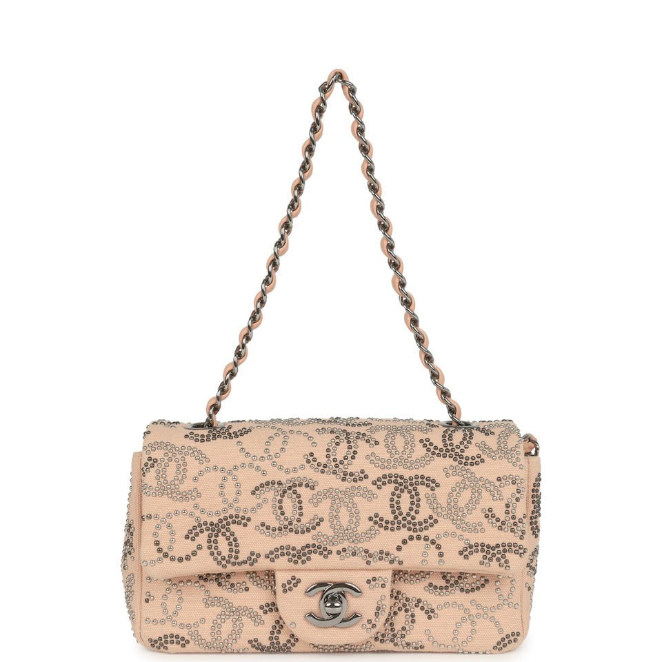 Chanel Mini CC Studded Rectangular Flap Bag Light Pink Canvas Ruthenium Hardware