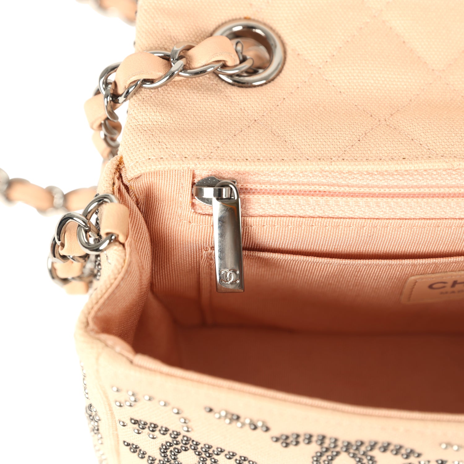 Chanel Mini CC Studded Rectangular Flap Bag Light Pink Canvas Ruthenium Hardware
