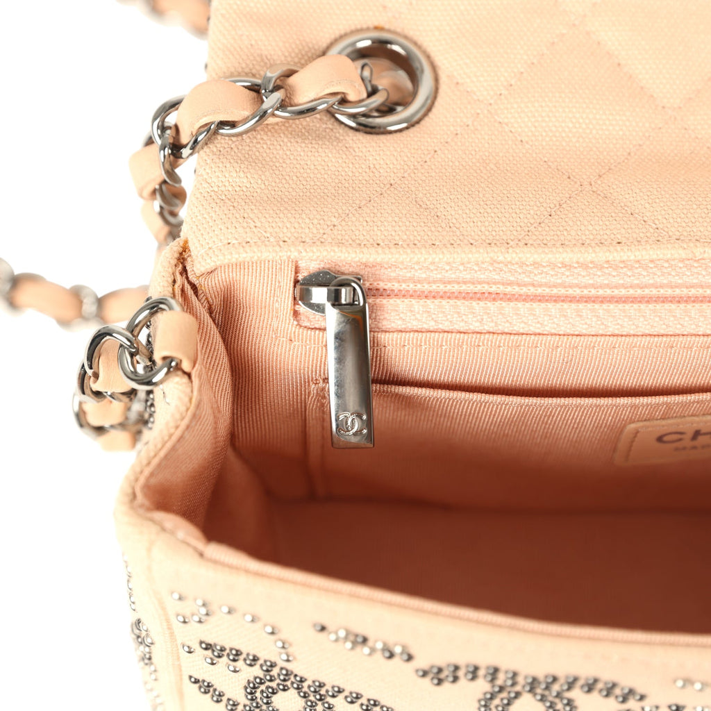 Chanel Mini CC Studded Rectangular Flap Bag Light Pink Canvas Ruthenium Hardware
