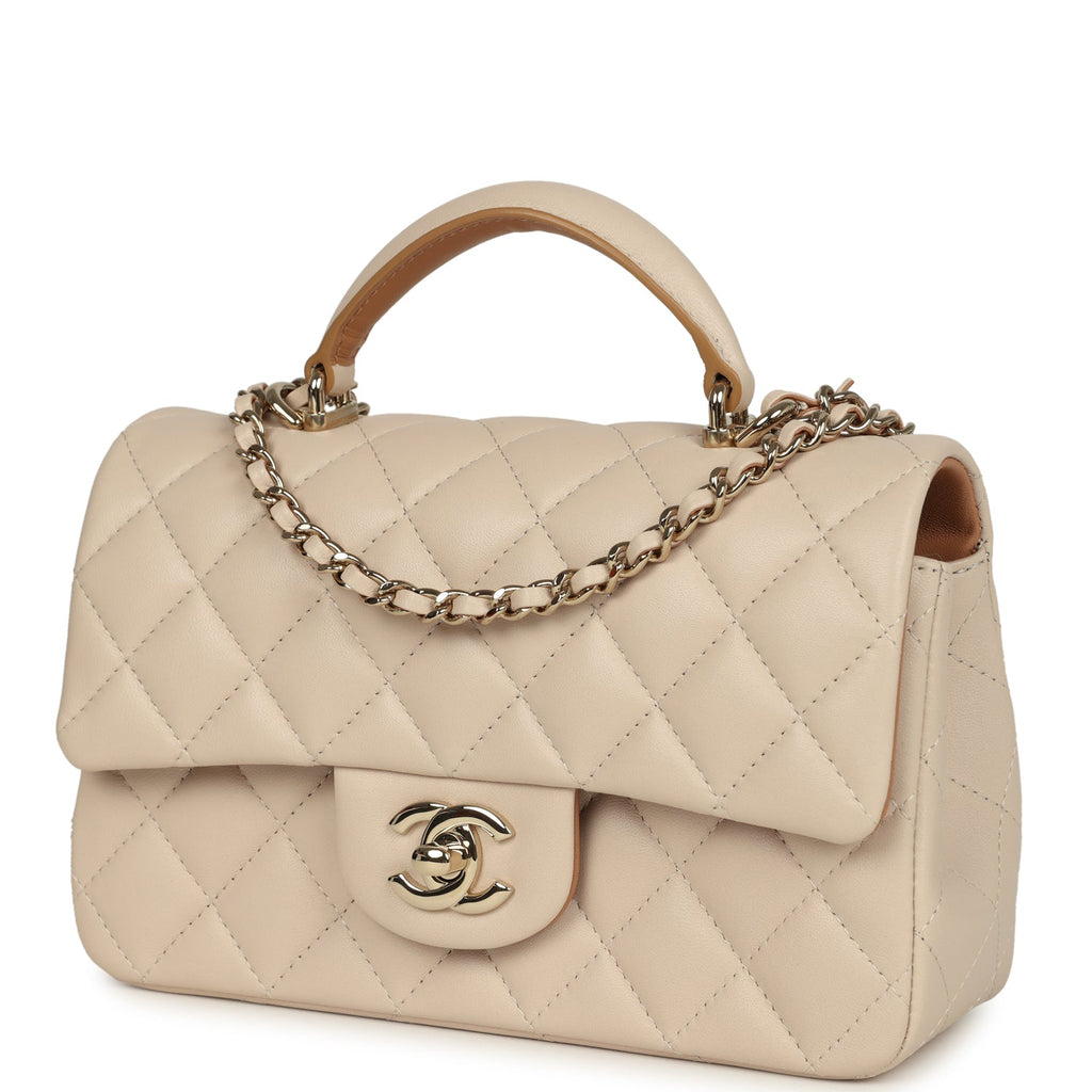 Pre-owned Chanel Mini Classic Rectangular Top Handle Flap Ecru Lambskin Light Gold Hardware