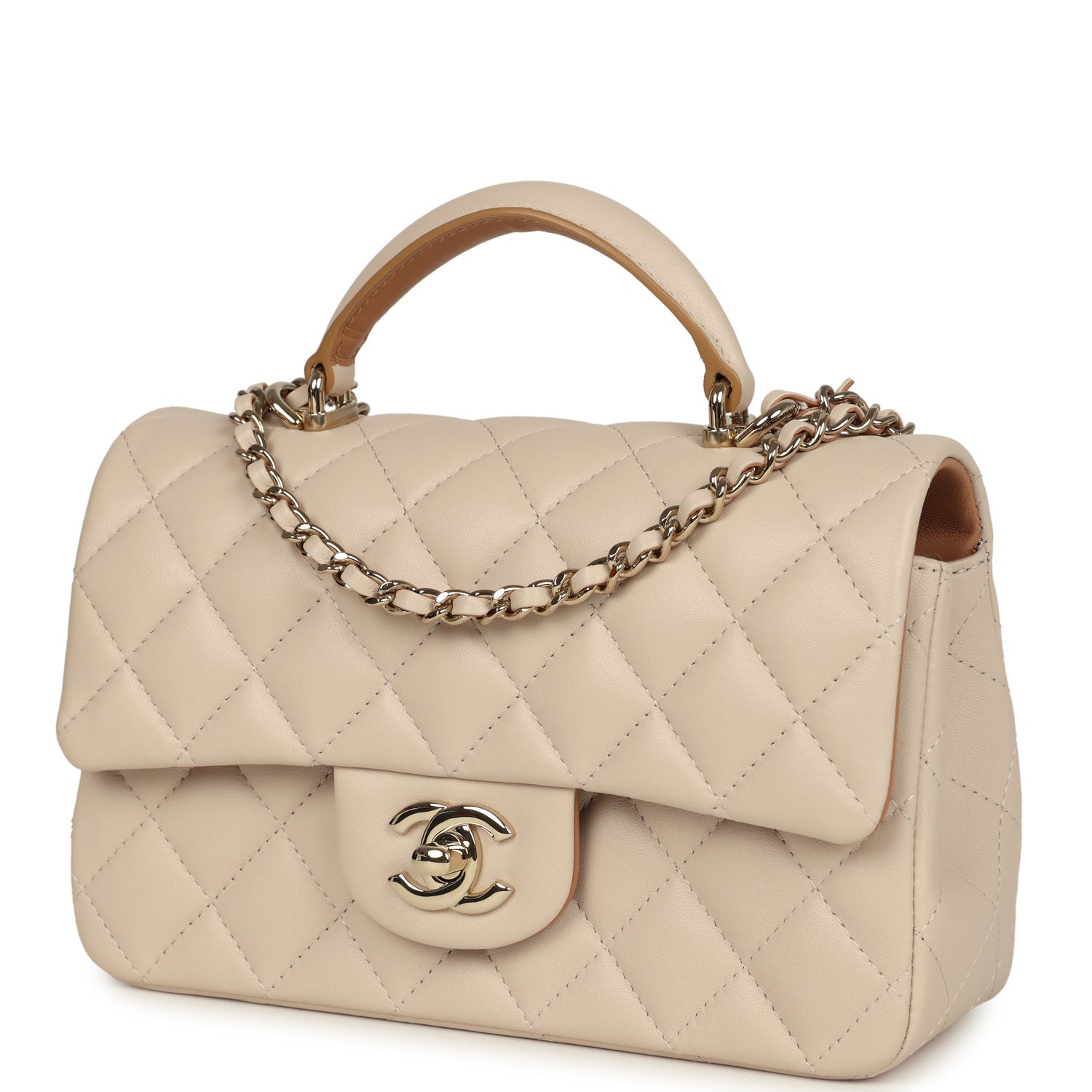 Pre-owned Chanel Mini Classic Rectangular Top Handle Flap Ecru Lambskin Light Gold Hardware