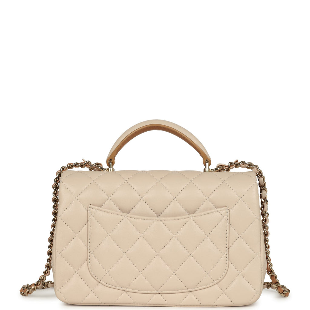 Pre-owned Chanel Mini Classic Rectangular Top Handle Flap Ecru Lambskin Light Gold Hardware