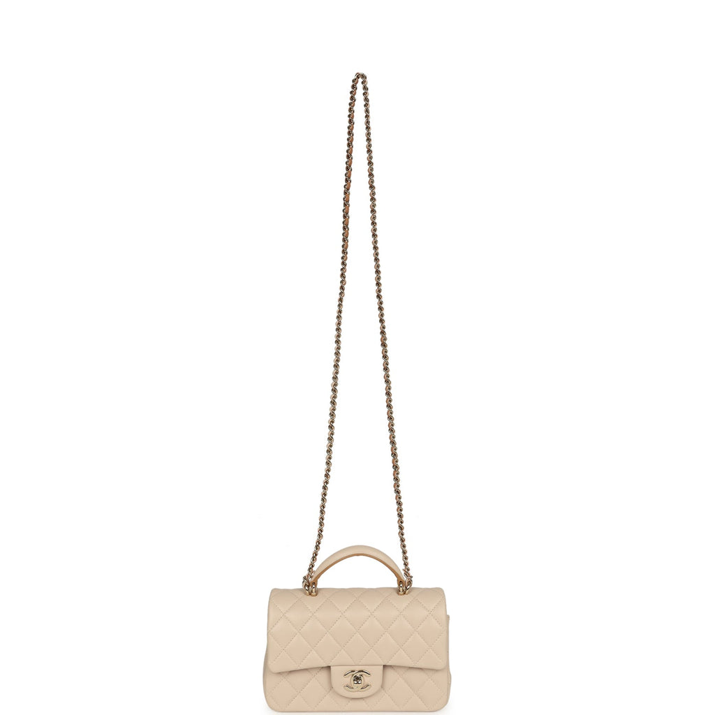 Pre-owned Chanel Mini Classic Rectangular Top Handle Flap Ecru Lambskin Light Gold Hardware
