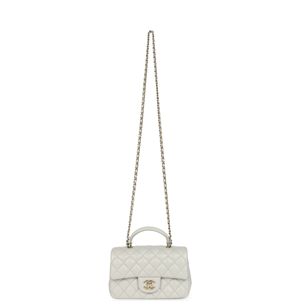 Chanel Mini Rectangular Flap Bag with Top Handle Light Grey Lambskin Light Gold Hardware