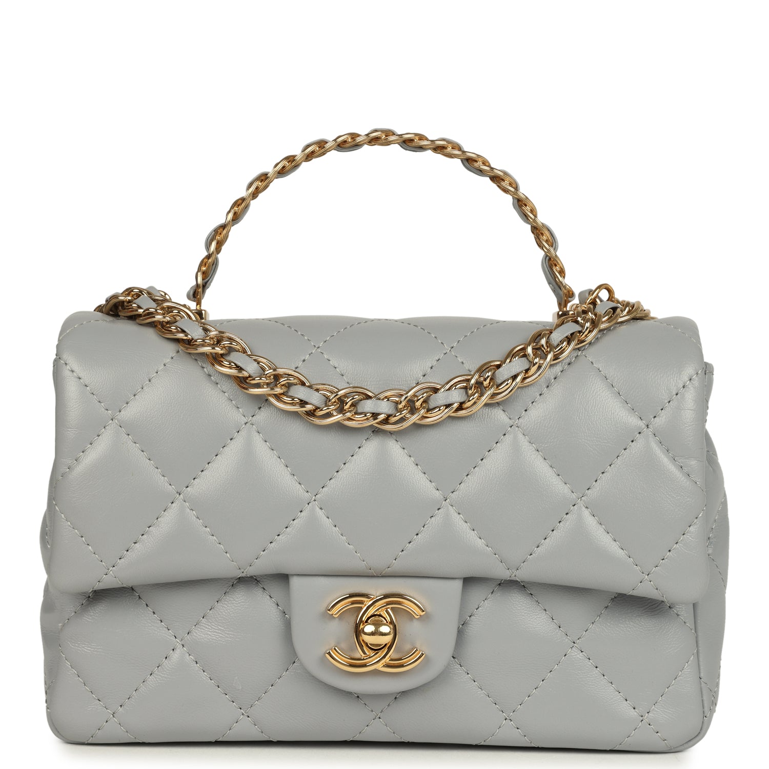 Chanel Mini CC Rectangular Flap Bag with Top Handle Light Grey Lambskin Gold Hardware