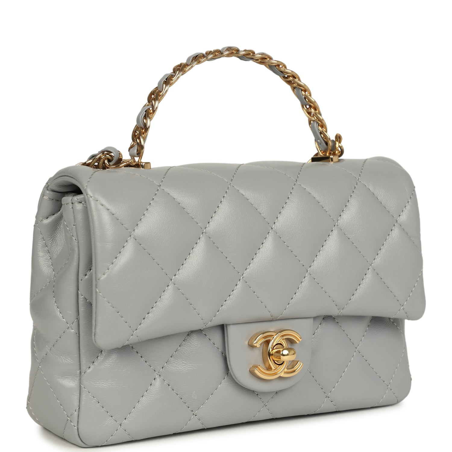Chanel Mini CC Rectangular Flap Bag with Top Handle Light Grey Lambskin Gold Hardware