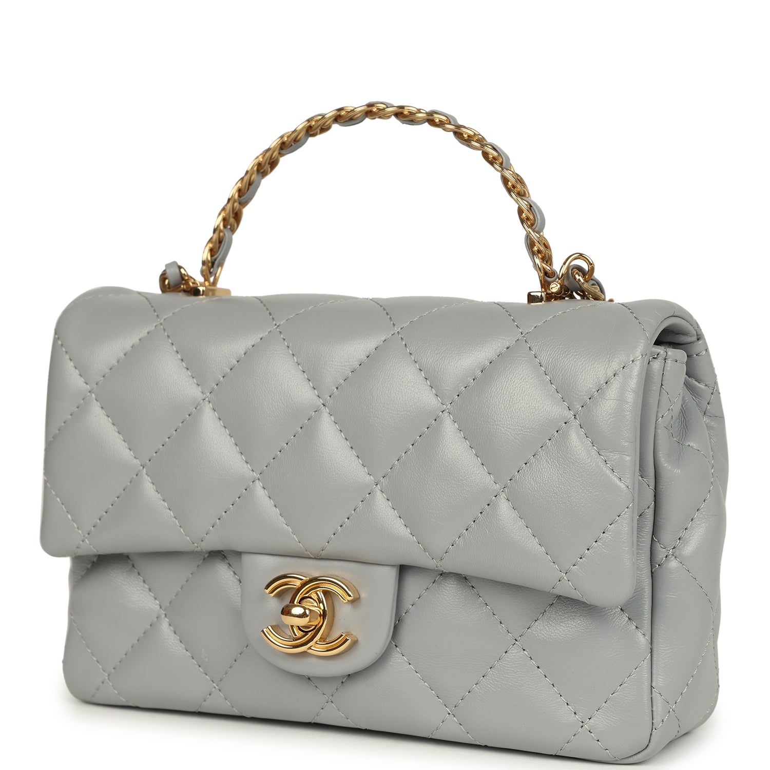 Chanel Mini CC Rectangular Flap Bag with Top Handle Light Grey Lambskin Gold Hardware