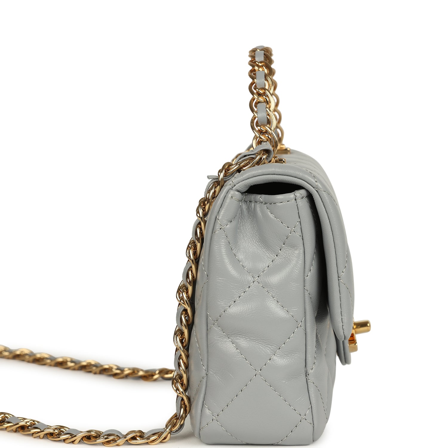 Chanel Mini CC Rectangular Flap Bag with Top Handle Light Grey Lambskin Gold Hardware