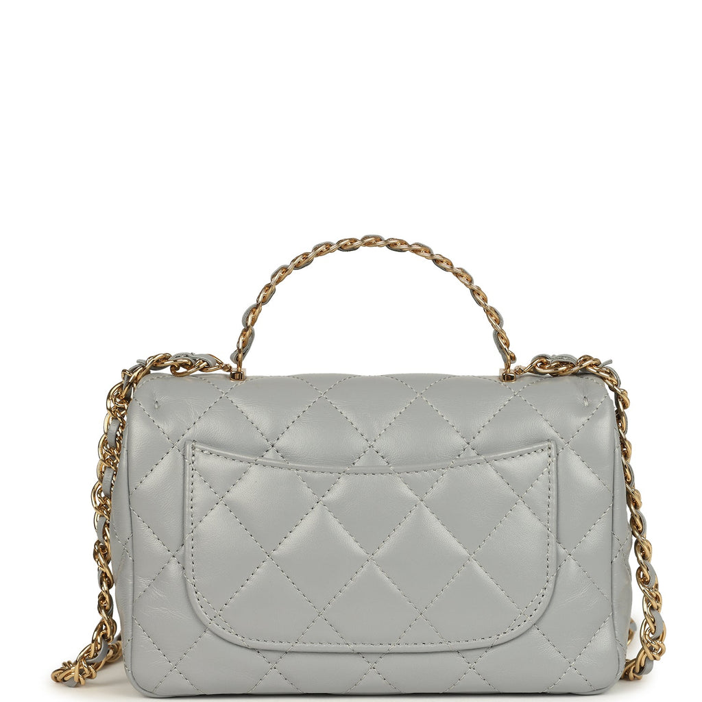 Chanel Mini CC Rectangular Flap Bag with Top Handle Light Grey Lambskin Gold Hardware