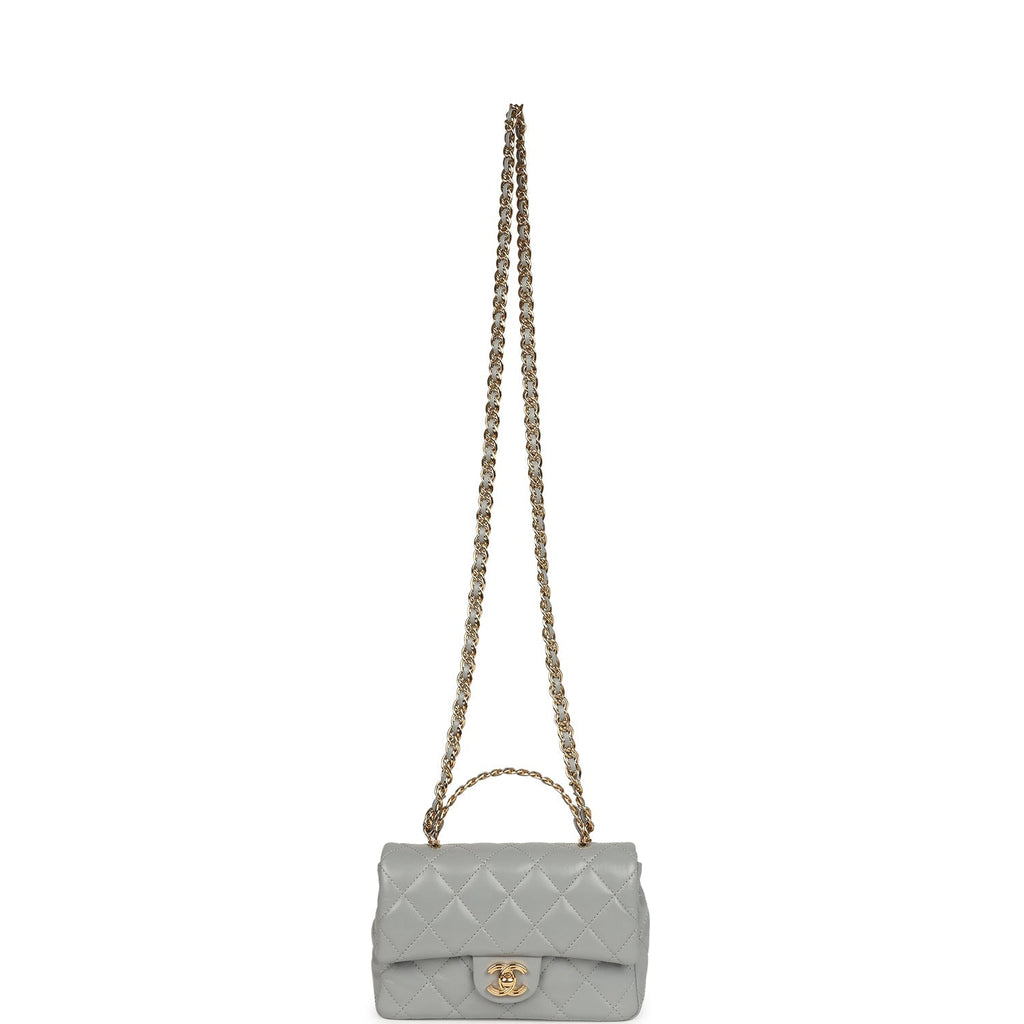 Chanel Mini CC Rectangular Flap Bag with Top Handle Light Grey Lambskin Gold Hardware