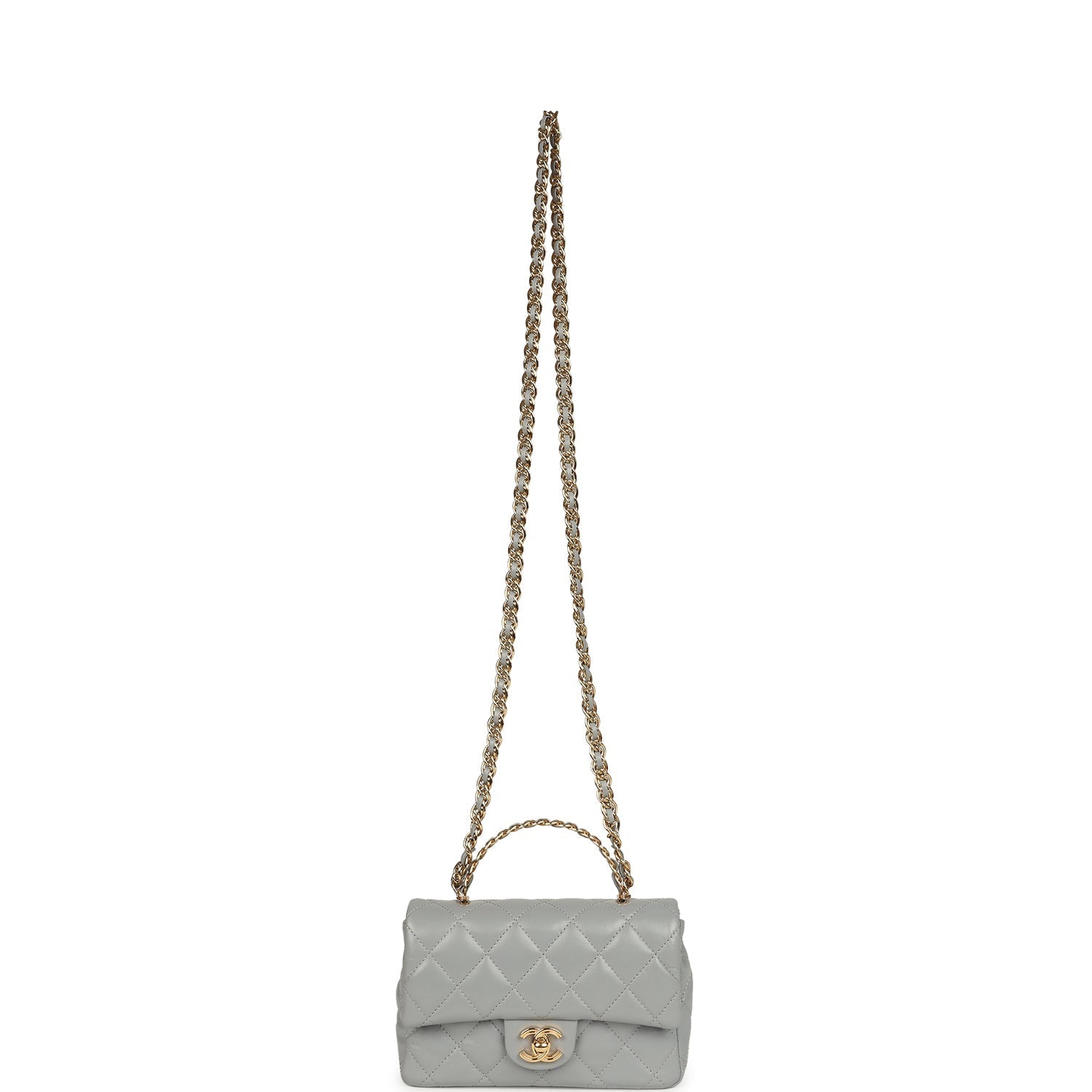 Chanel Mini CC Rectangular Flap Bag with Top Handle Light Grey Lambskin Gold Hardware