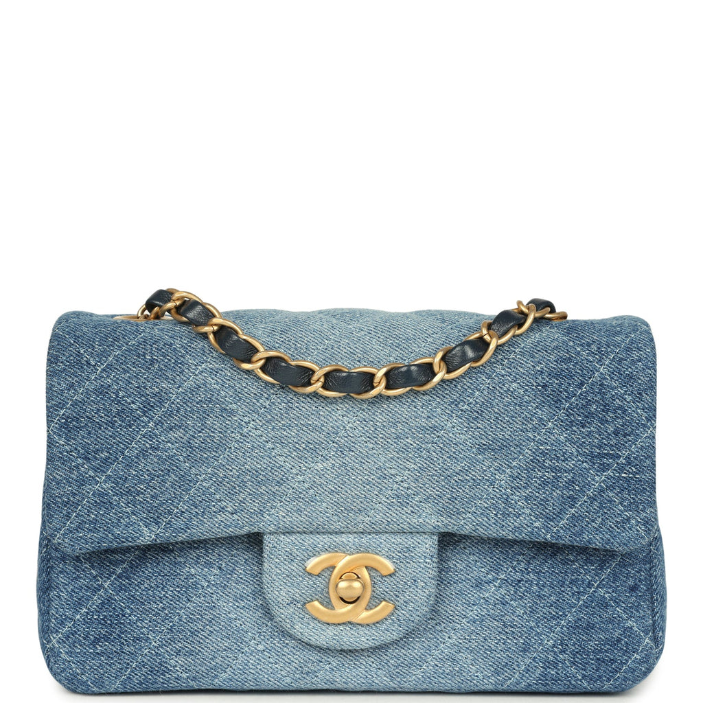 Chanel Mini Rectangular Flap Bag Blue Denim Antique Gold Hardware