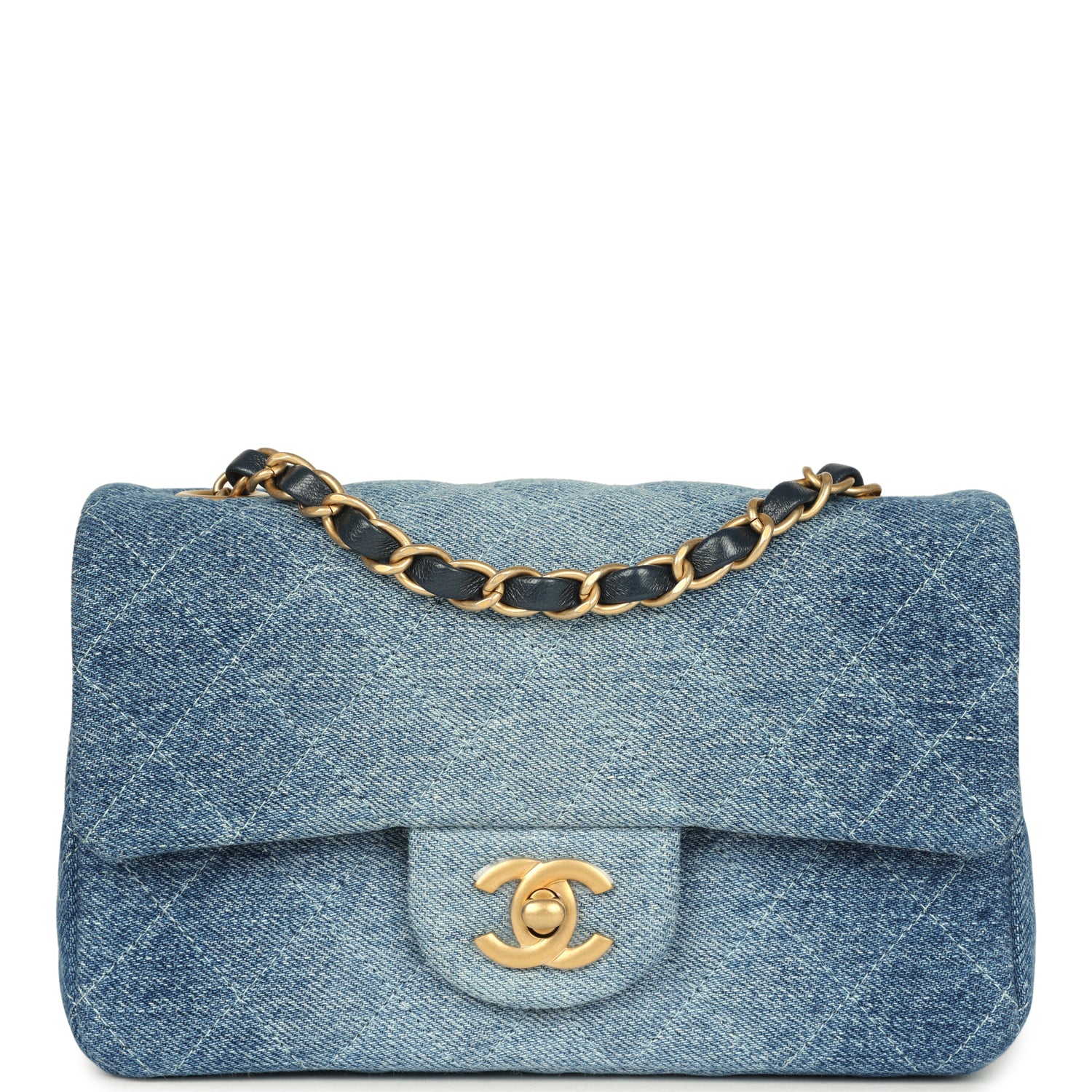 Chanel Mini Rectangular Flap Bag Blue Denim Antique Gold Hardware