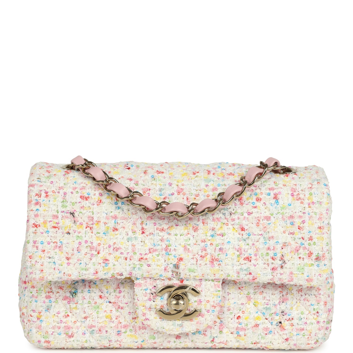 Chanel Mini Rectangular Flap Bag White and Multicolor Tweed Light Gold Hardware
