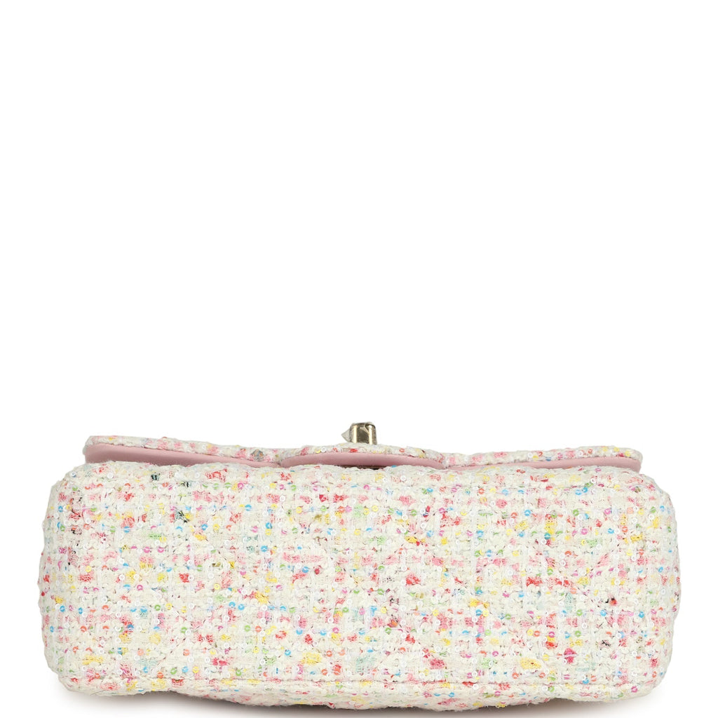 Chanel Mini Rectangular Flap Bag White and Multicolor Tweed Light Gold Hardware