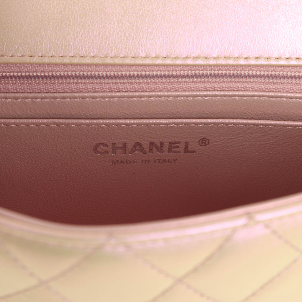 Chanel Mini Classic Rectangular Flap Bag Pink Iridescent Calfskin Silver Hardware