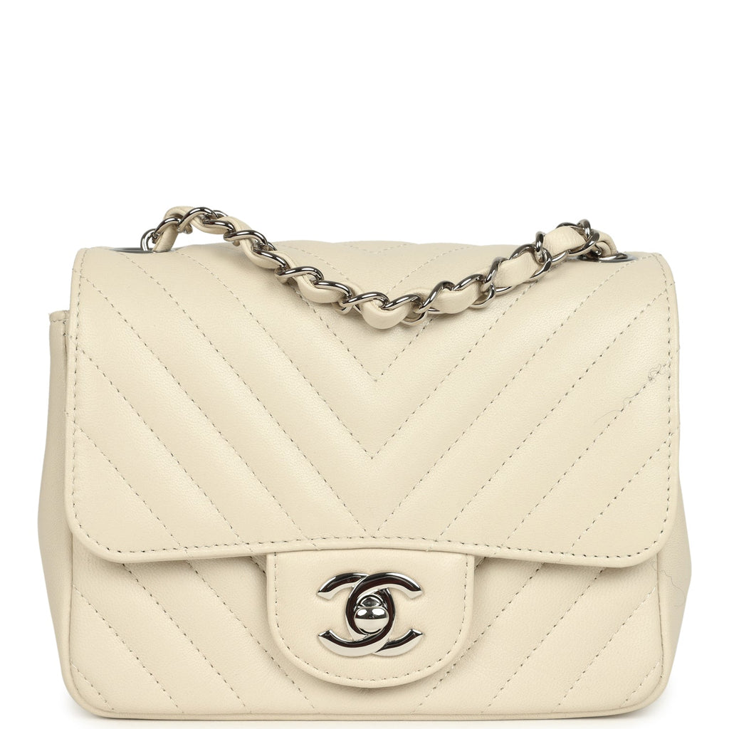 Chanel Mini Chevron Square Flap Bag Ivory Lambskin Silver Hardware