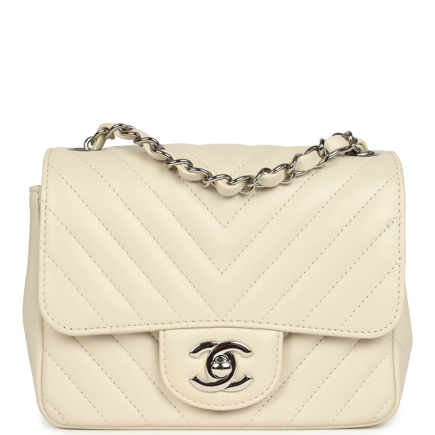 Chanel Mini Chevron Square Flap Bag Ivory Lambskin Silver Hardware
