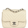 Chanel Mini Chevron Square Flap Bag Ivory Lambskin Silver Hardware