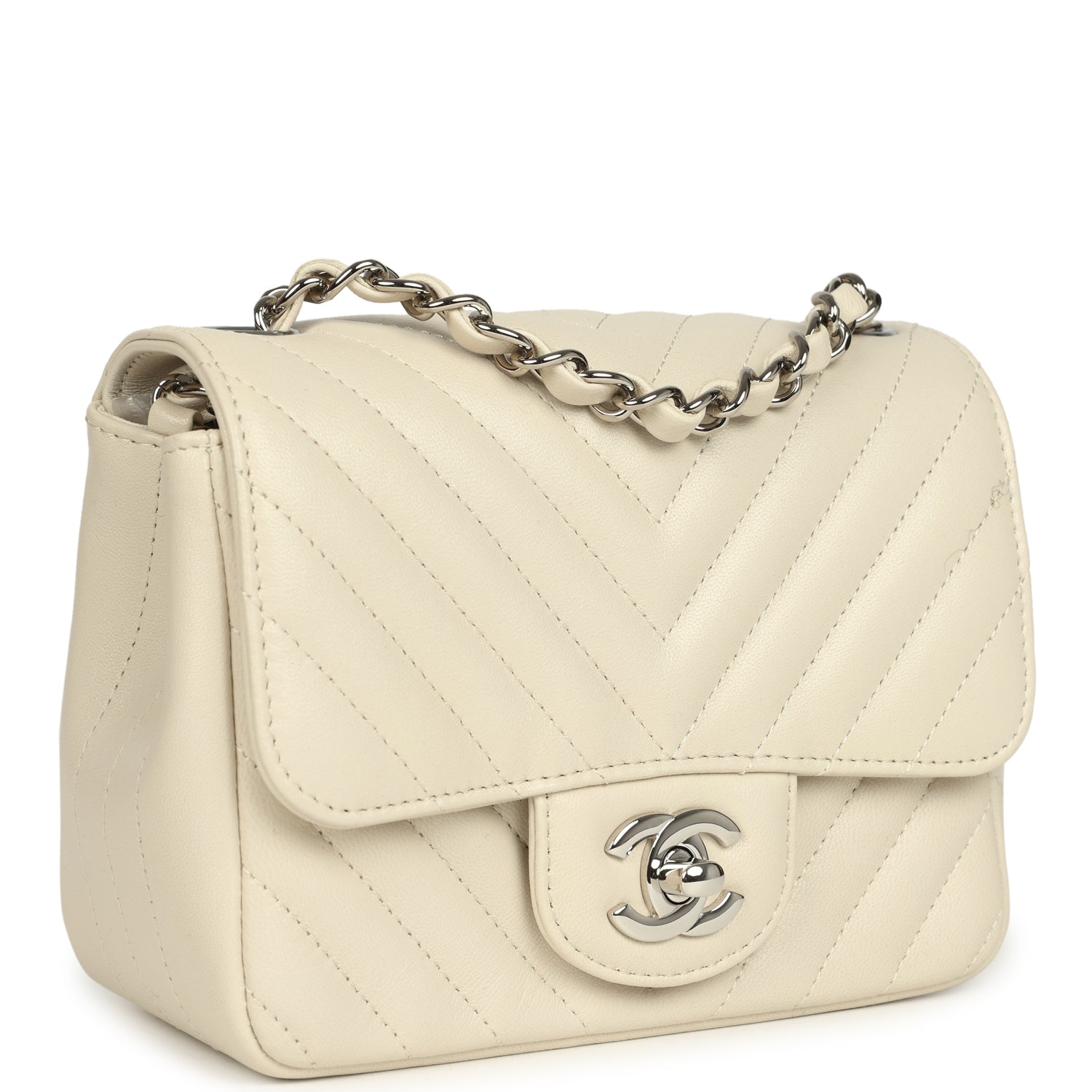 Chanel Mini Chevron Square Flap Bag Ivory Lambskin Silver Hardware
