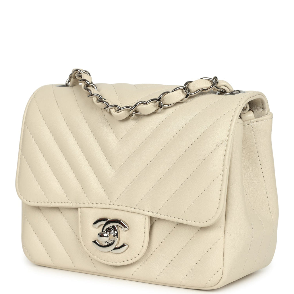 Chanel Mini Chevron Square Flap Bag Ivory Lambskin Silver Hardware