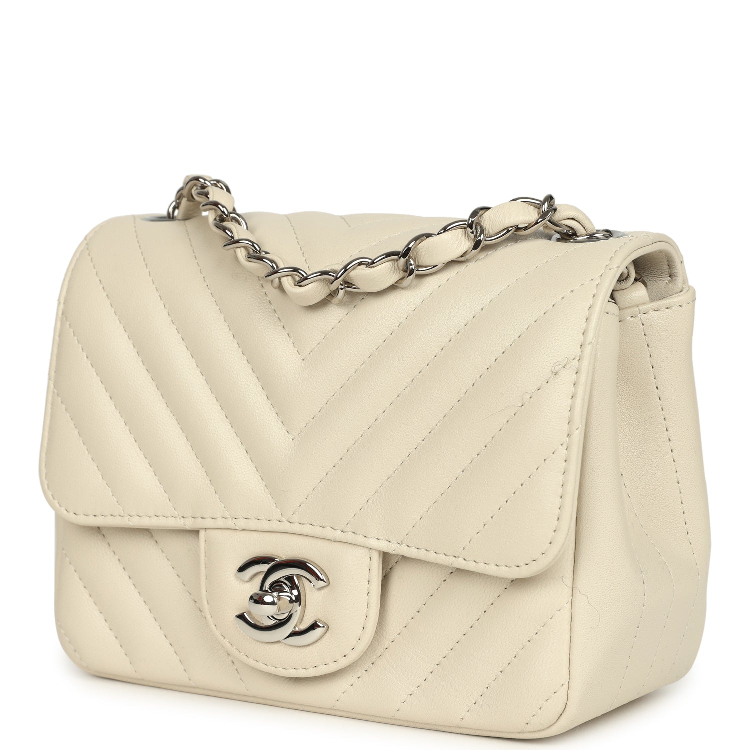 Chanel Mini Chevron Square Flap Bag Ivory Lambskin Silver Hardware
