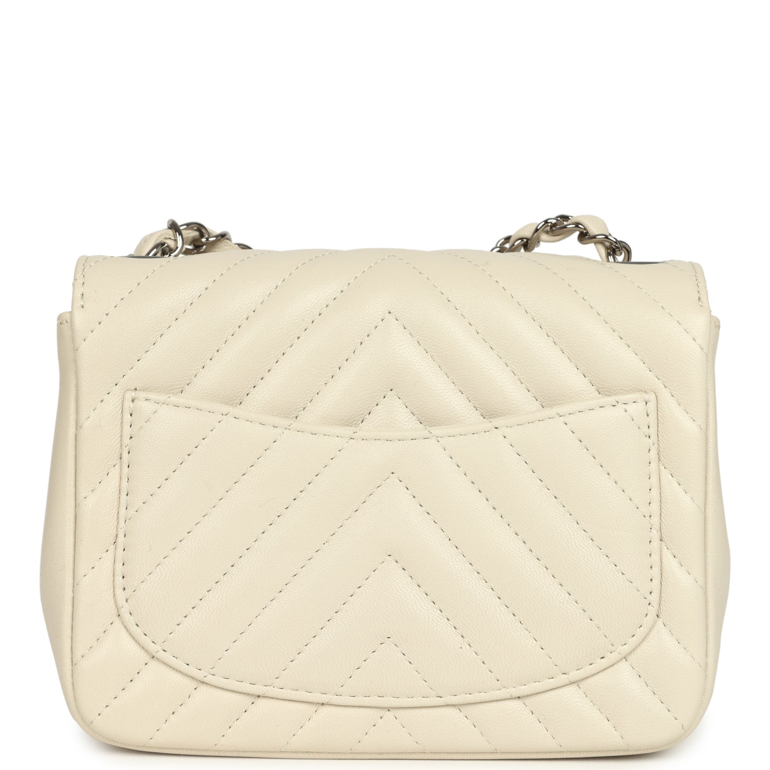 Chanel Mini Chevron Square Flap Bag Ivory Lambskin Silver Hardware