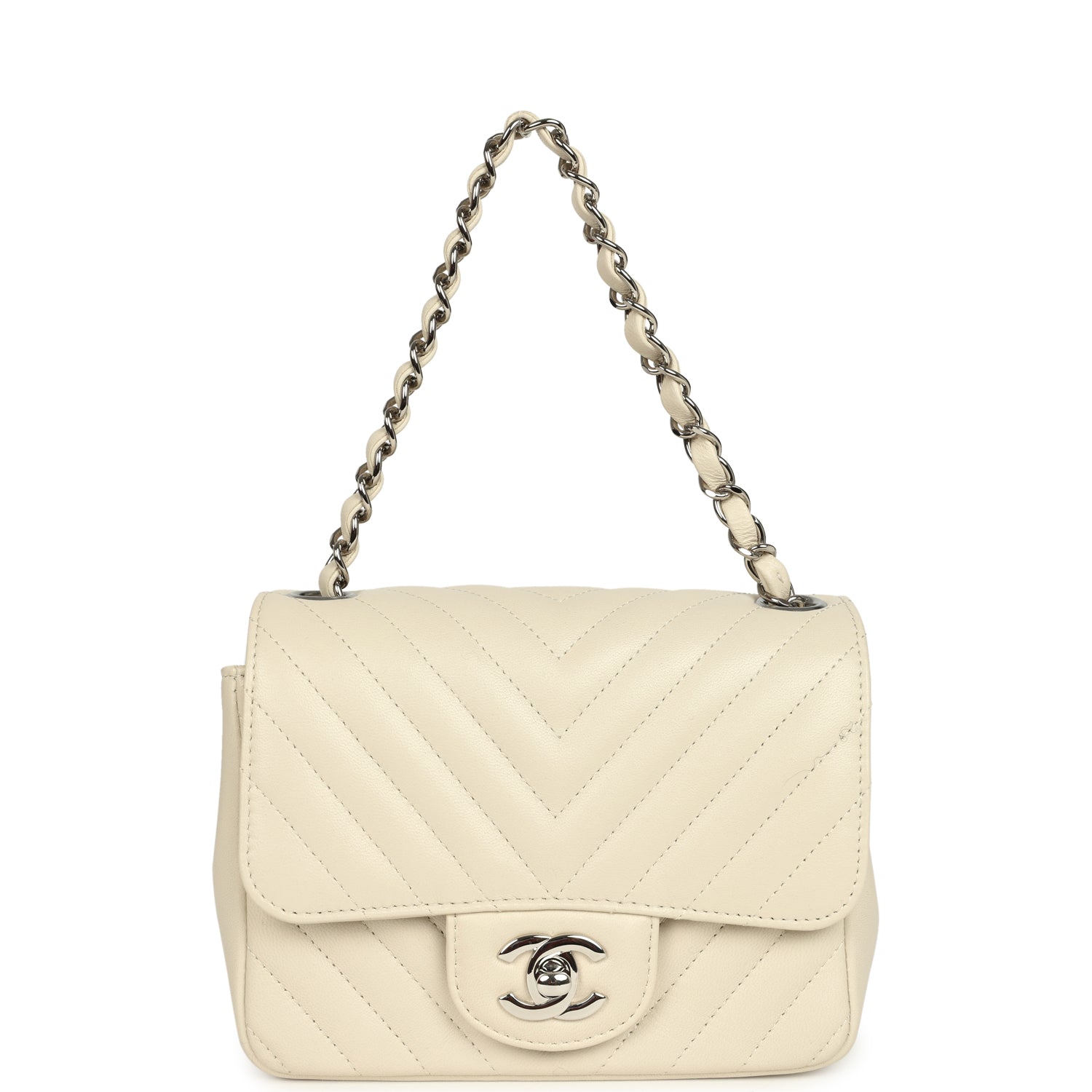 Chanel Mini Chevron Square Flap Bag Ivory Lambskin Silver Hardware