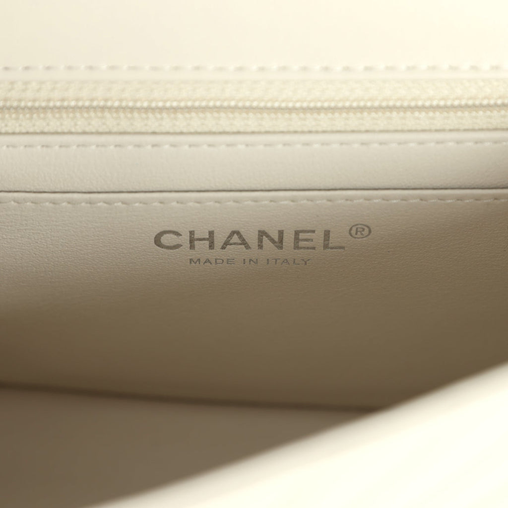 Chanel Mini Chevron Square Flap Bag Ivory Lambskin Silver Hardware