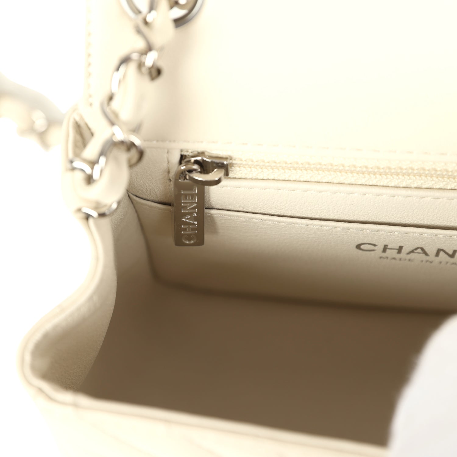 Chanel Mini Chevron Square Flap Bag Ivory Lambskin Silver Hardware