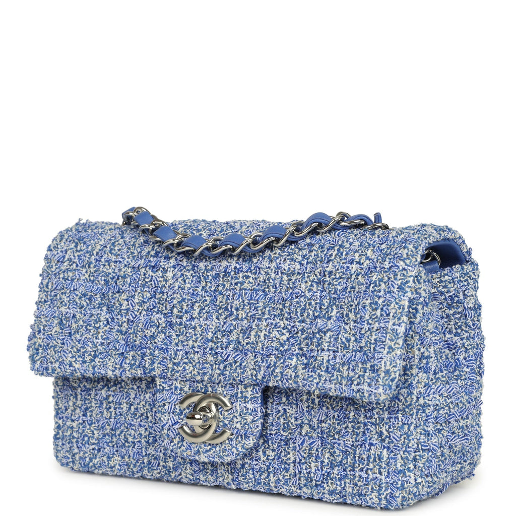 Chanel Mini Rectangular Flap Bag Blue and White Tweed Silver Hardware