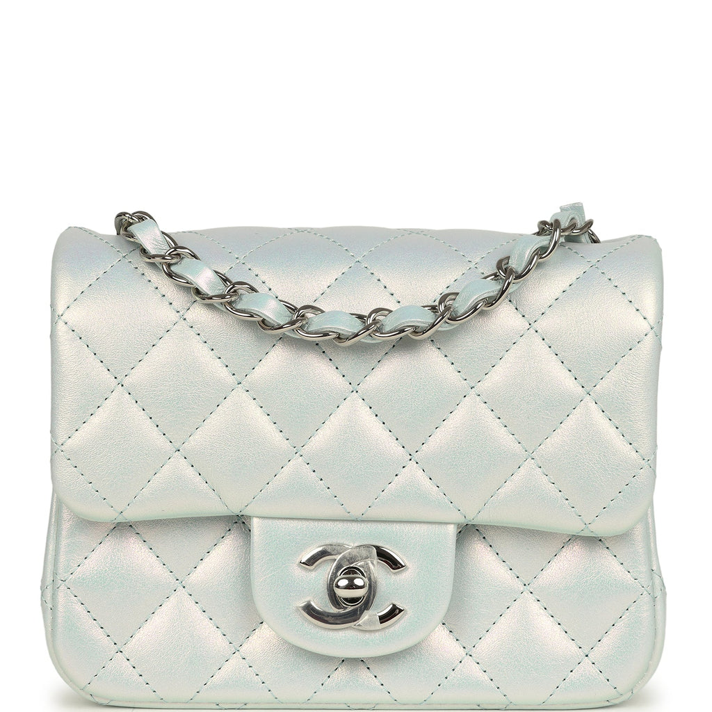 Chanel Mini Classic Square Flap Bag Blue Iridescent Calfskin Silver Hardware