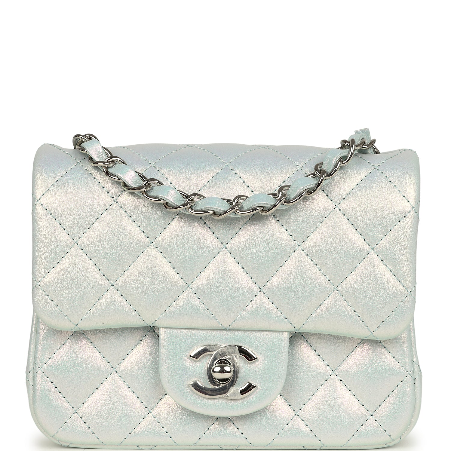 Chanel Mini Classic Square Flap Bag Blue Iridescent Calfskin Silver Hardware