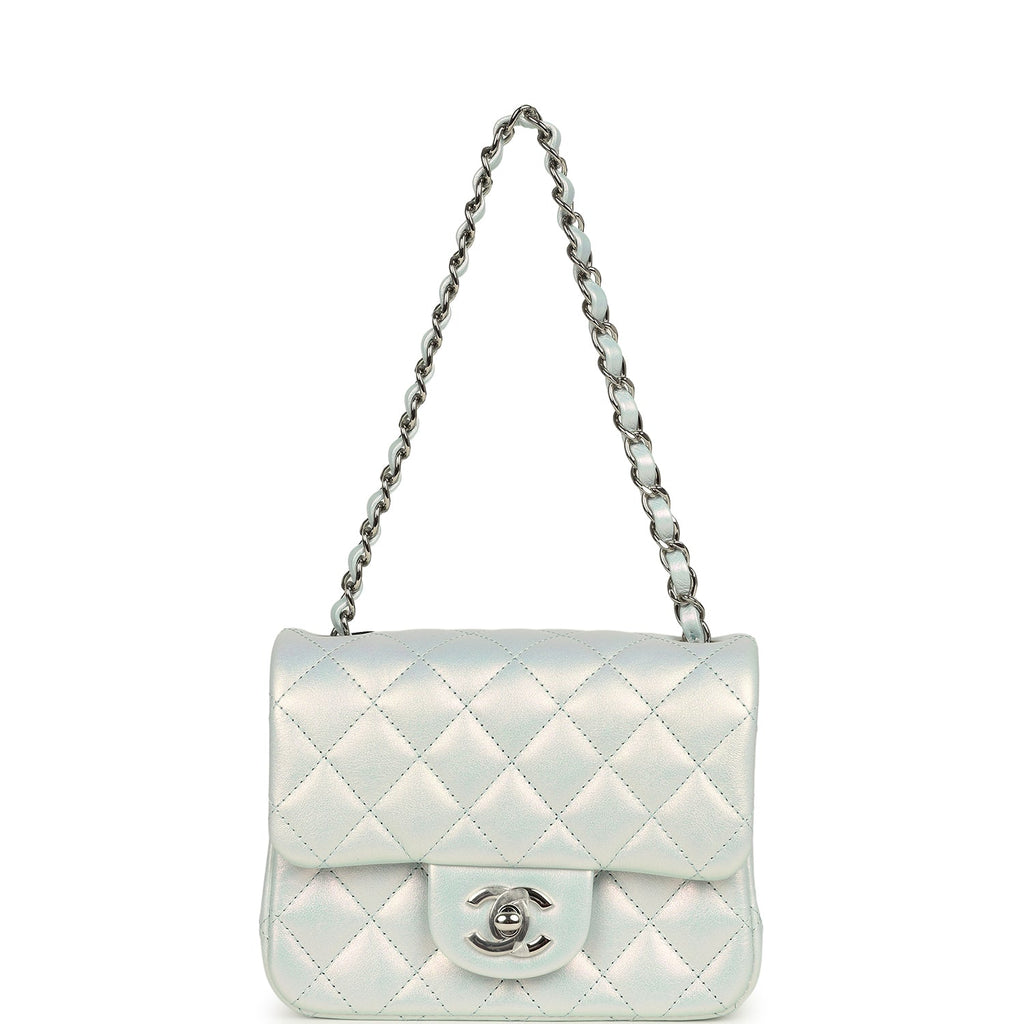 Chanel Mini Classic Square Flap Bag Blue Iridescent Calfskin Silver Hardware