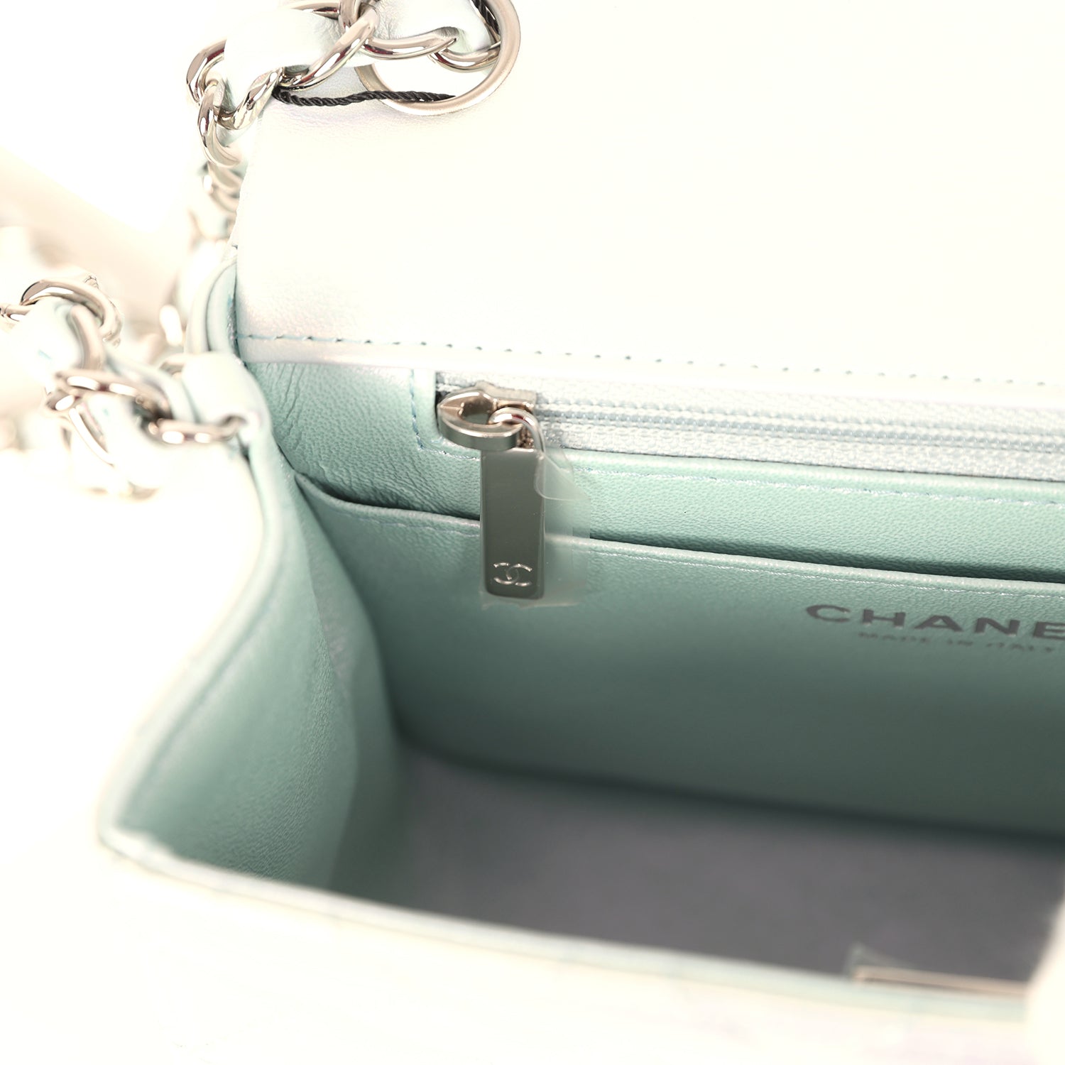 Chanel Mini Classic Square Flap Bag Blue Iridescent Calfskin Silver Hardware