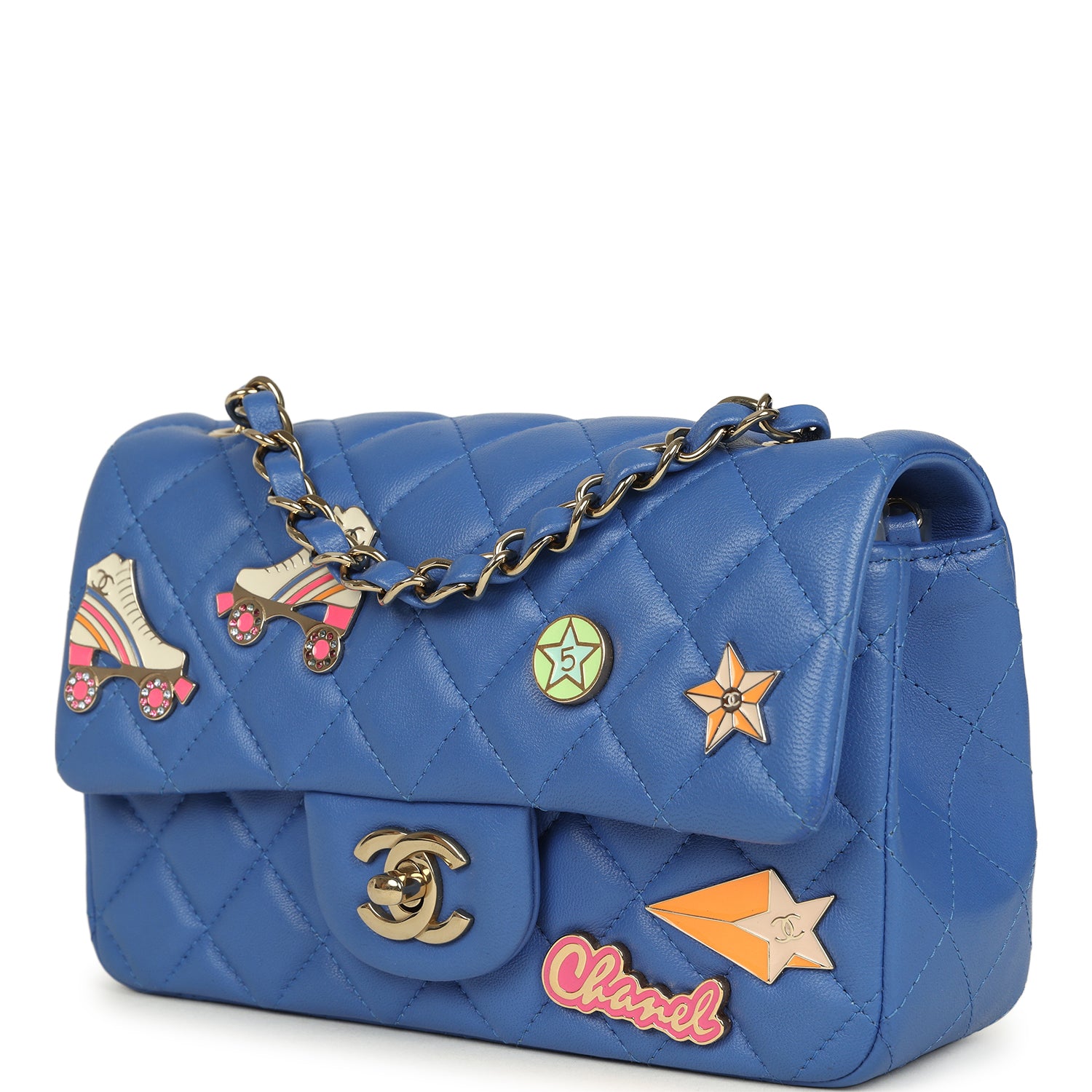 Chanel Mini Rectangular Hollywood Charms Flap Bag Blue Lambskin Light Gold Hardware