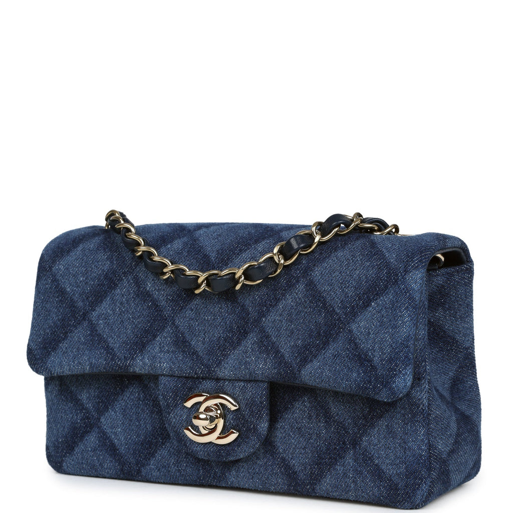 Chanel Mini Classic Rectangular Flap Bag Dark Blue Denim Light Gold Hardware