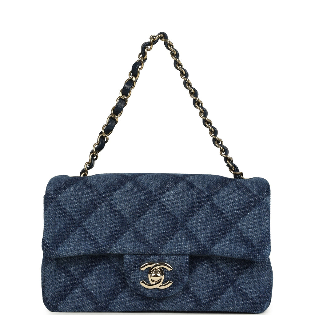 Chanel Mini Classic Rectangular Flap Bag Dark Blue Denim Light Gold Hardware