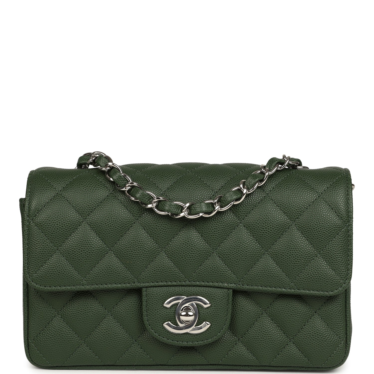 Chanel Mini Classic Rectangular Flap Bag Dark Green Caviar Silver Hardware