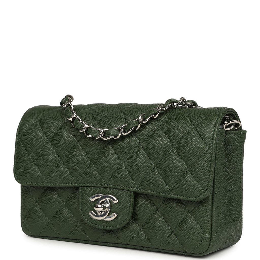 Chanel Mini Classic Rectangular Flap Bag Dark Green Caviar Silver Hardware